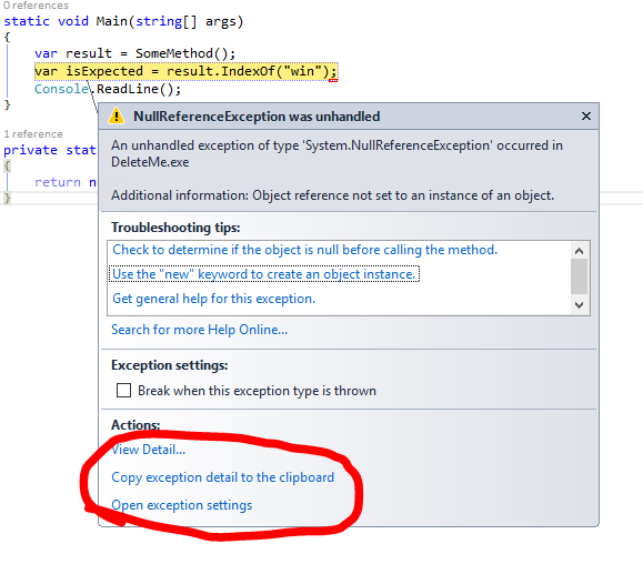 The link to copy exception details to the clipboard on the exception helper dialog